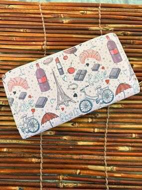 Girls' Paris-Themed Pink Wallet with Bicycle & Croissant Print NWOT